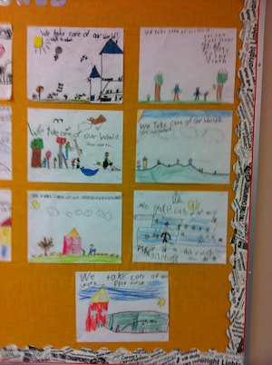 Another close up of bulletin board display with pictures of ways to take care of our world.