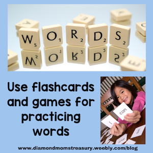 letter tiles spelling WORDS and a girl holding sight word cards.