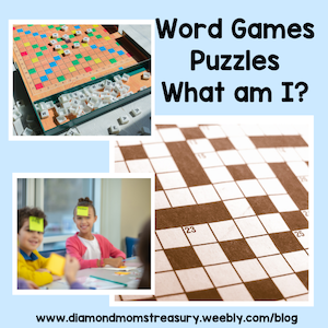 word game, crossword, and kids playing a what am I game