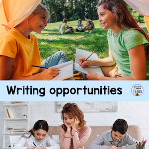 girls doing a writing activity outdoors and mother watching children doing writing
