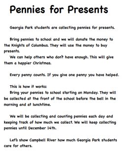 Announcement for the Pennies for Presents fundraiser