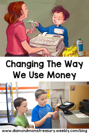 Changing the way we use money. Child giving cash and child using debit machine.