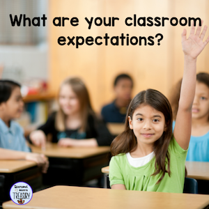 What are your classroom expectations? Classroom scene with girl raising hand.