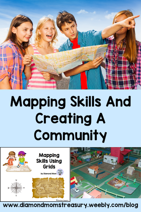 Mapping skills and creating a community. Children looking at a map and pointing. Resource for mapping skills and a photo of a 3d community created by kids.