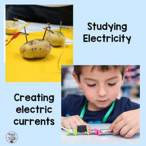 using fruits and vegetables to create a current, and a boy  making an electric current
