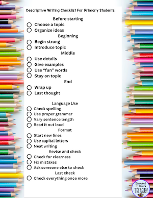 descriptive writing checklist for primary students