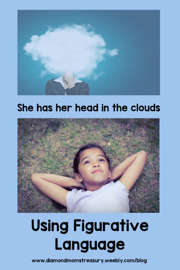 Using figurative language activiies example: she has her head in the clouds. The woman at the top has a cloud covering her head. The girl at the bottom is lying on the ground and daydreaming.