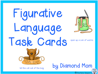 Figurative Language Task Cards resource with image of can full of worms and a cat coming out of a bag.