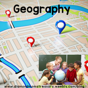 Geography Map with pins marking locations. Children and woman looking at a globe.
