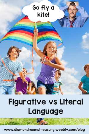 Figurative vs literal language - children flying a kite and running after it