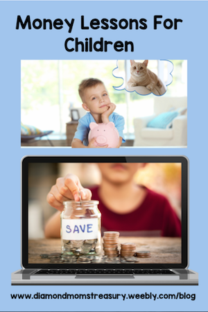 Money lessons for children. Child with piggy bank and child adding money to savings jar.
