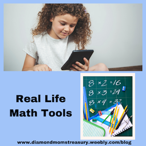 Girl using calculator and picture of tools that can be used for math.