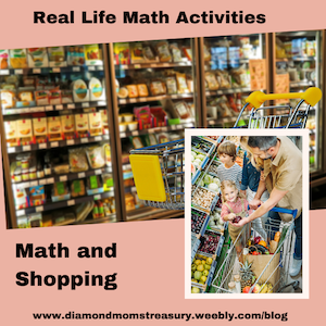 There are so many opportunities for math when doing shopping. Measuring out bulk ingredients or looking at quanities on packages, estimating how much of each product is needed, and working with money are just a few of the skills or concepts applied in this setting.