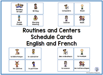 Routines and centers schedule cards English and French