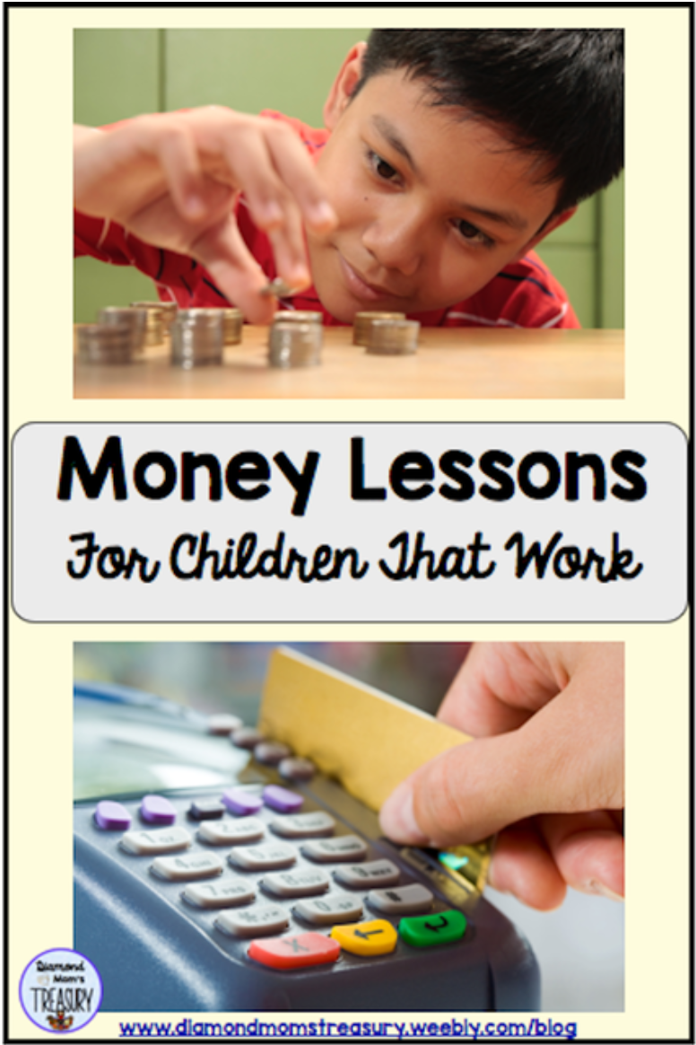 Money lessons for children that work. Boy stacking coins in top image. Paying with a bank card in bottom image.