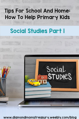 Social Studies tips for school and home. Laptop with social studies on a chalkboard.