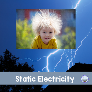 Boy with hair sticking out from static electricity on a backkground showing lightning.