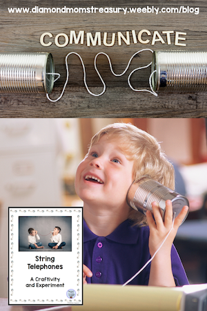 boy with a tin can telephone and activity for making a string telephone 