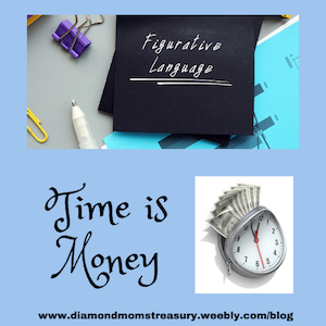 Desktop image with notepad saying Figurative language and a clock with money coming out of the top and the expression: Time is money