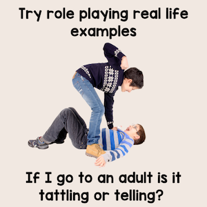 Try role playing real life examples. If I go to an adult is it tattling or telling?