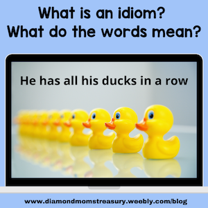 What is an idiom? What do the words mean? Computer screen with an image of several rubber ducks lined up and the expression: he has all his ducks in a row.