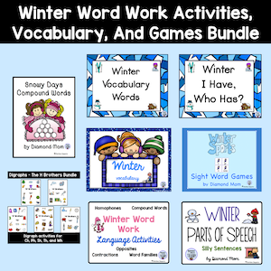 winter word work activities, vocabulary, and games bundle