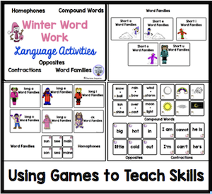 Here are some winter word work language games and activities. #gamesteachskills #winterwordwork